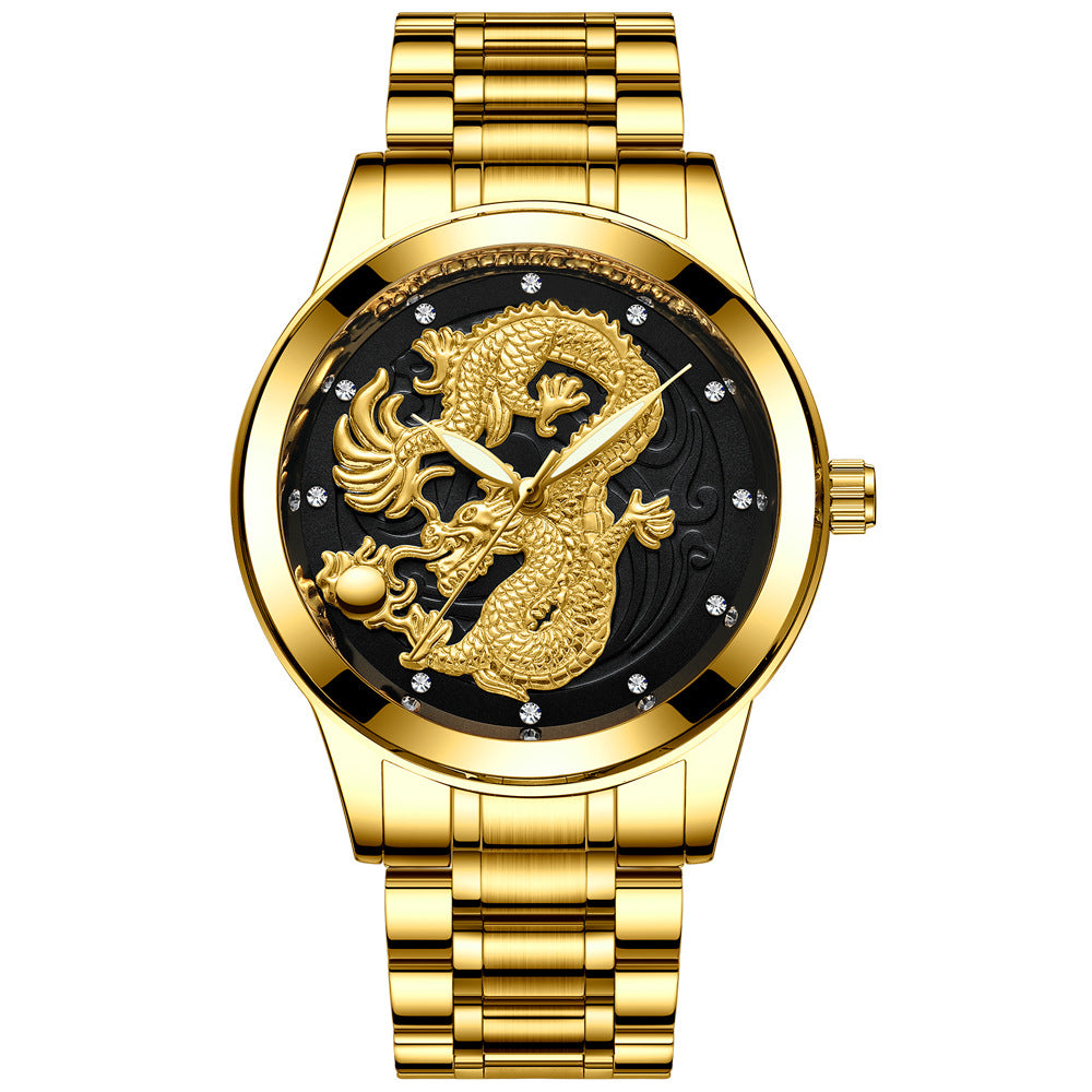 IL - Golden Stainless Steel Casual Watch Dragon Design. Waterproof. Luminous