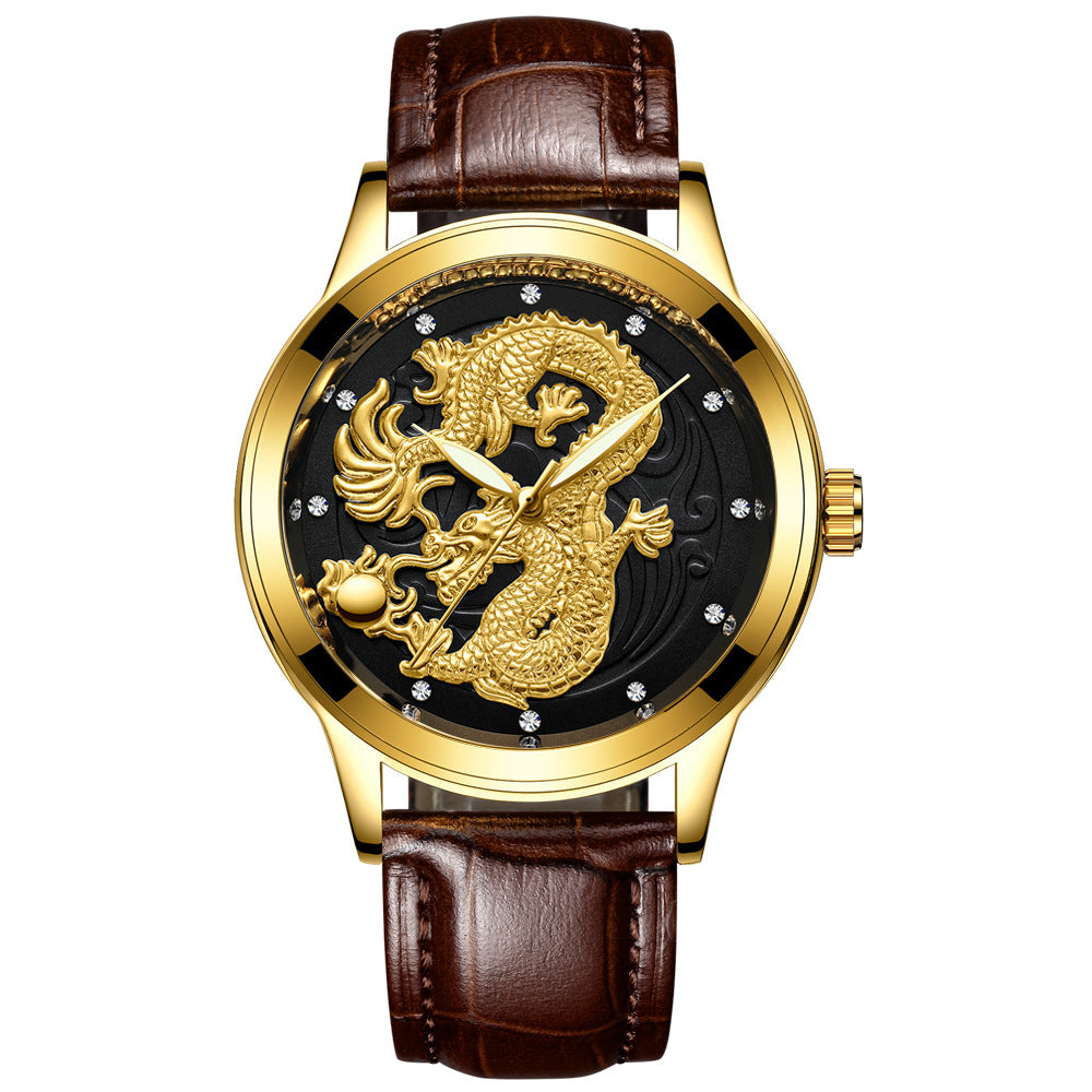 IL - Golden Stainless Steel Casual Watch Dragon Design. Waterproof. Luminous